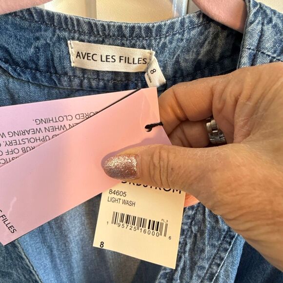 NWT Avec Les Filles  tie waist denim mini dress Size 8 - Picture 7 of 11